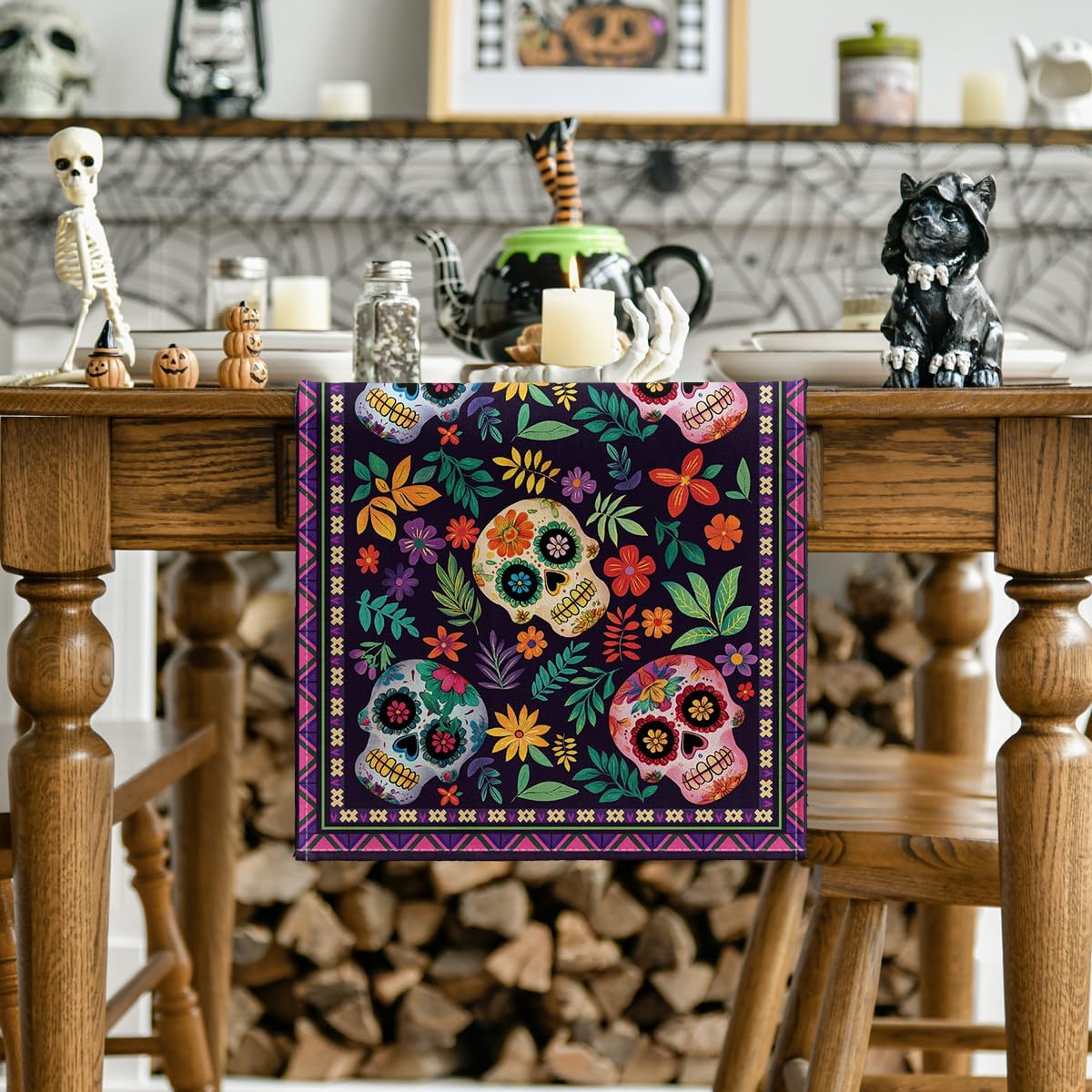 Artoid Mode Mexican Sugar Skull Dia De Los Muertos Table Runner, Day of The Dead Altar Kitchen Dining Table Decoration for Home Party Decor 13x72 Inch