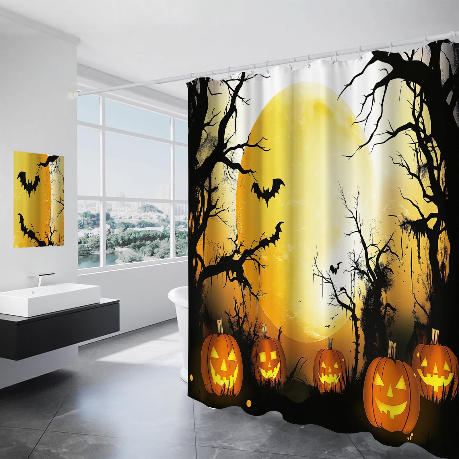 Duschvorhang Kürbis Beim Vollmond H240Xb200Cm | Waldlandschaft Halloween Wasserdichter Stoff Maschinenwaschbarer Badezimmervorhang Mit Haken