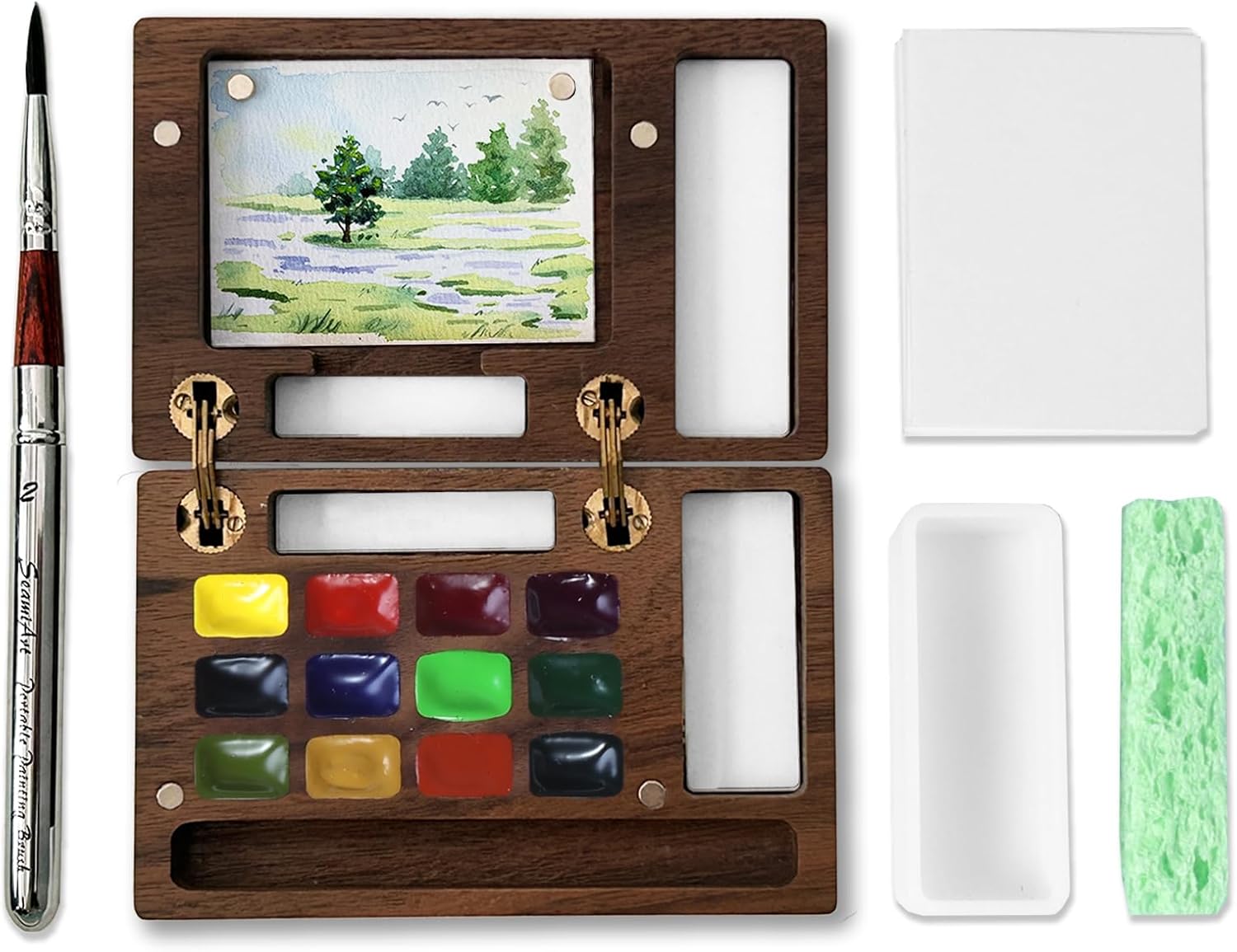 MEI COLOUR Travel Mini Watercolor Paint Set for Adult Artists, Wooden Pocket 12 Color Watercolors Portable Painting Kit Contains Pen Paper Sponge Wash Bucket Spring