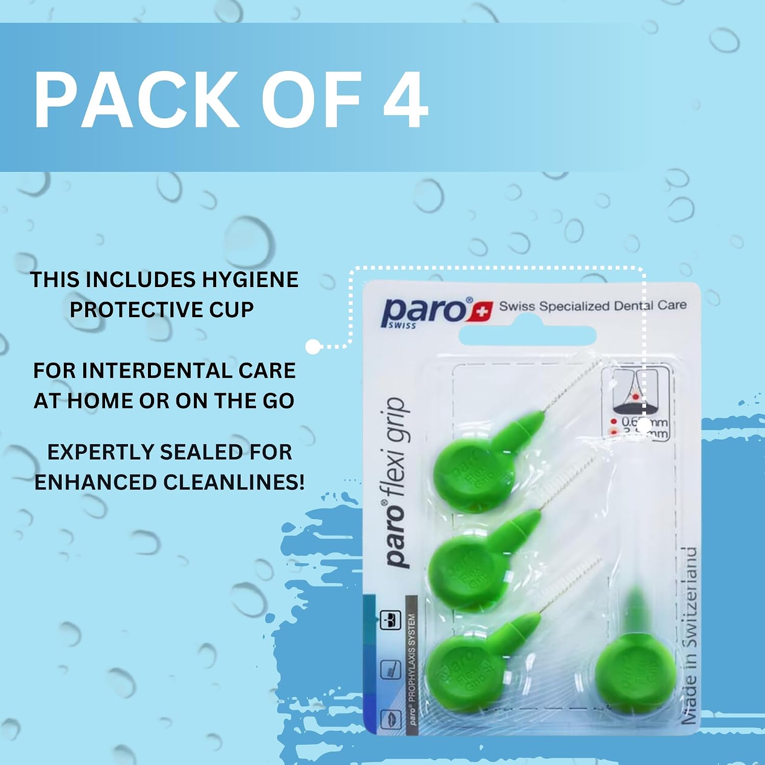 Paro Swiss FlexiGrip 1083 Interdental Brush, Medium Bristles Tooth Cleaning Tool for Interdental Spaces, Light Green, Conical, 3.0/8mm, Pack of 4