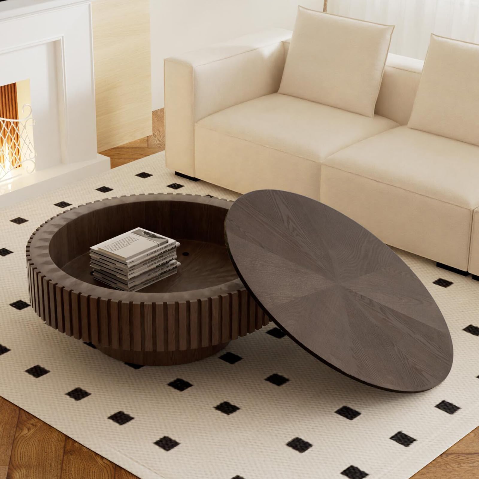31.5" Round Drum Coffee Table with Storage Chic Brown Low Center Table - Handcraft Fluted Relief Design for Living Room (D 31.5in)