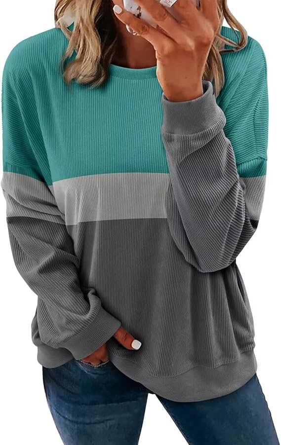 KISSMODA Womens Casual Long Sleeve Sweatshirts Color Block/Solid Tops Corduroy Crewneck Tunic Pullover with Pockets