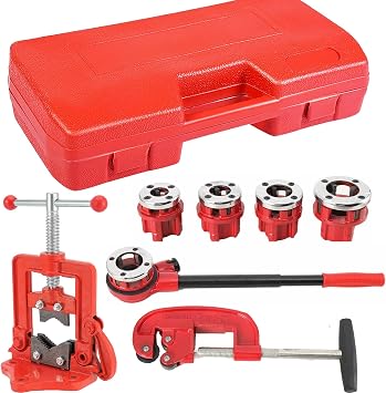 Handheld Pipe Threader Ratchet Kit, Portable Ratcheting Pipe Threading Tool with 5 Dies Set 3/8, 1/2, 3/4, 1, 1-1/4 inches, Pipe Cutter Plumbing Tool, Pipe Vise & Carry Case