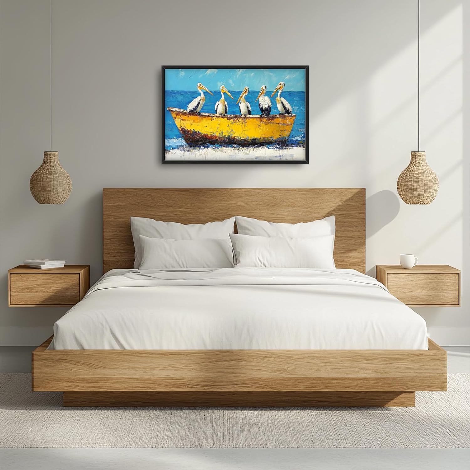 Pelican Wall Art, Nautical Pelicans Pictures Wall Decor, Blue Ocean Coastal Bird Canvas Prints Painting, Large Modern Framed Artwork for Living Room Bedroom Bathroom Office Dining Room 36"x 24"