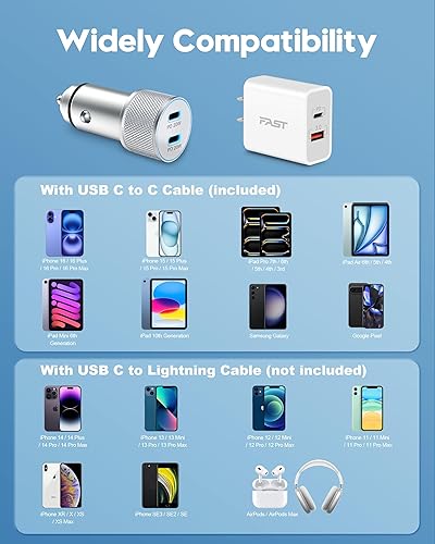 Miniatura 4 de Cargador de coche para iPhone 17/17 Pro Max/17e de carga rápida, cargador de coche USB C de 40 W + bloque de cargador USB C de 20 W + cable de 2 x 6