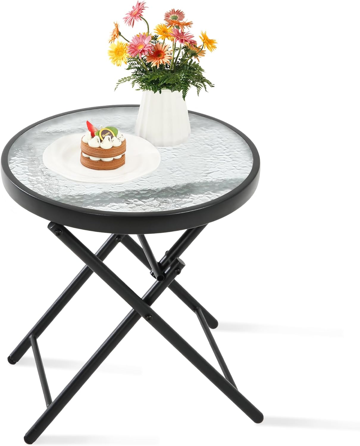 HOMEFUN Outdoor Side Tables - Folding Patio End Table with Tempered Glass Tabletop, Portable Bistro Coffee for Porch Yard, Balcony, Garden, Deck, Poolside, Transparent Glass