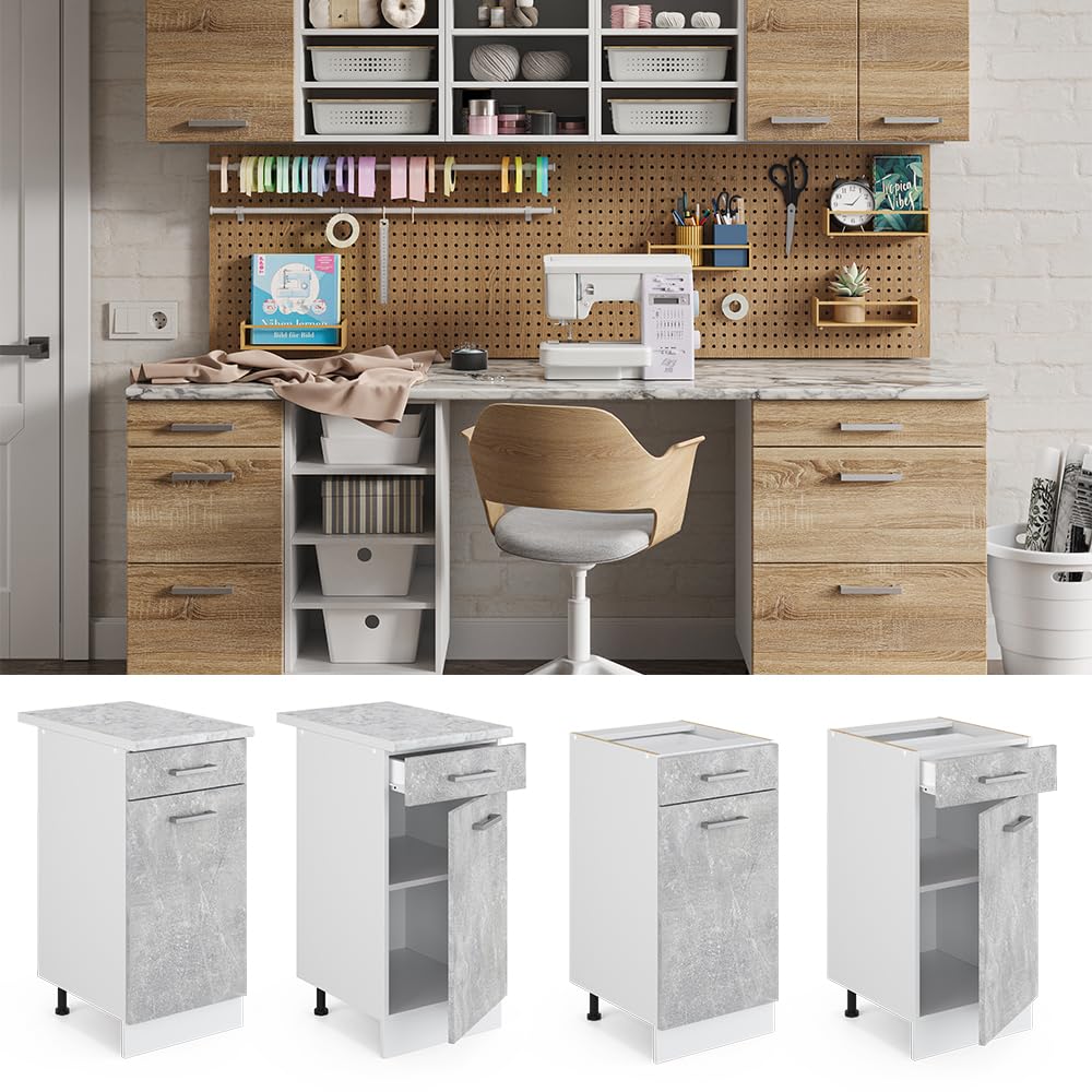 Vicco Meuble Bas Universel R-Line, Béton, 40cm avec tiroir, sans PT, adapté au Rangement Peu encombrant dans Les Cuisines équipées