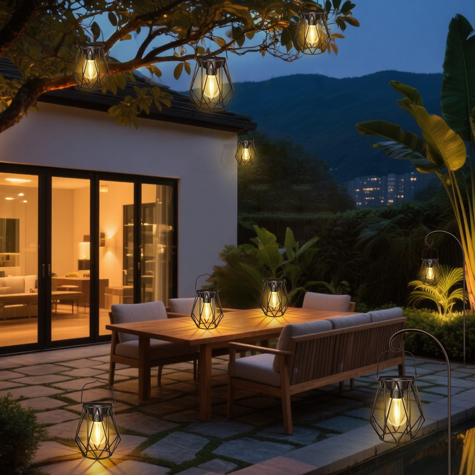 2 Piezas Farolillos Solares Exterior, IP65 Impermeable Lampara Solar Colgante/de Pie, Metal LED Farol Solar Exterior Jardin para Patio, Terraza, Césped, Camping, Balcón, Decoración, Halloween