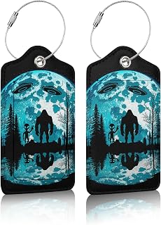 2 Pack Luggage Tag for Suitcases, Bigfoot and Alien Moon Leather Baggage Tags Privacy Cover ID Label for Women Men Travel