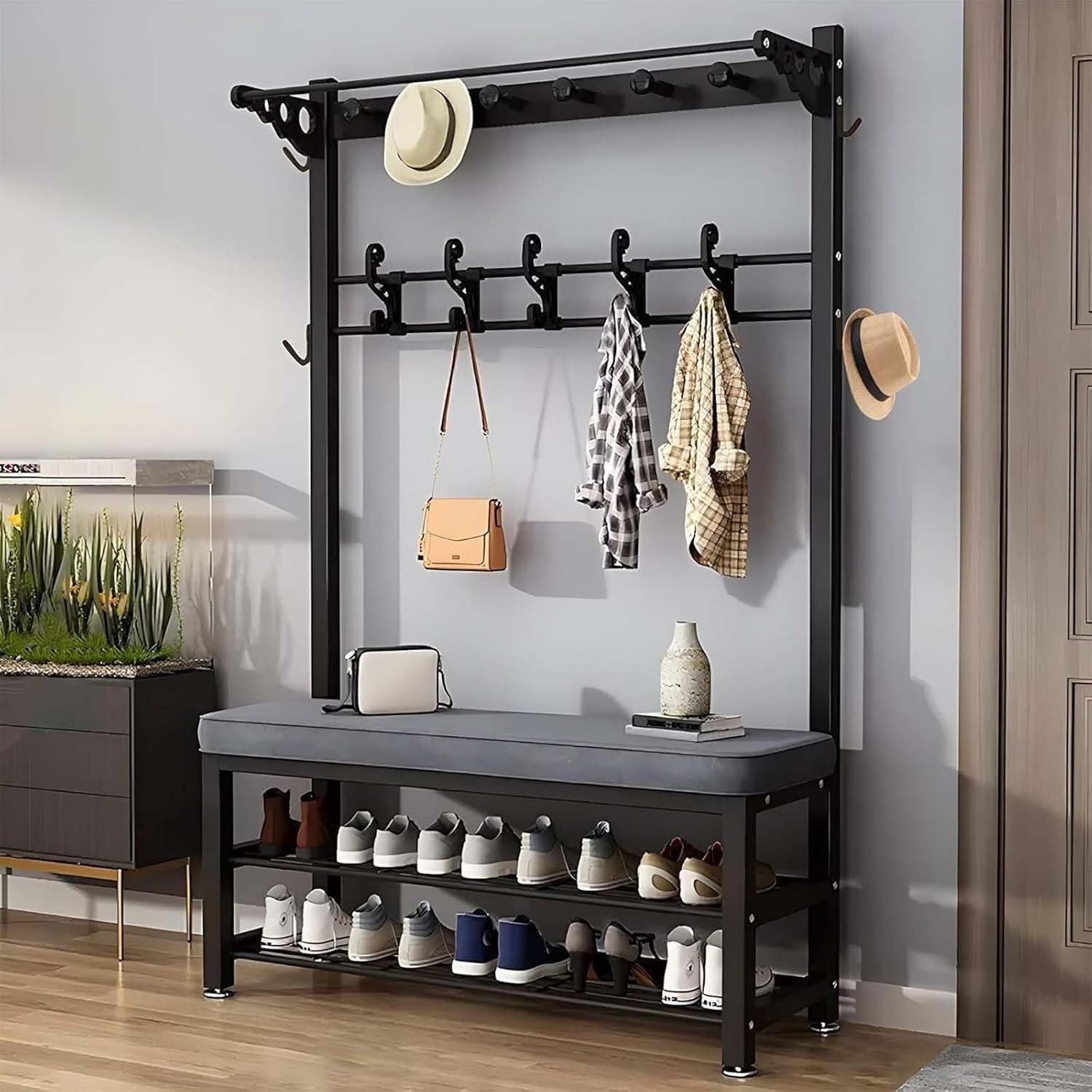 Coat Rack Stand Freestanding Hall Tree Metal Multifunctional Shoe Stool Bench for Bedroom Living Room Hallway Entryway