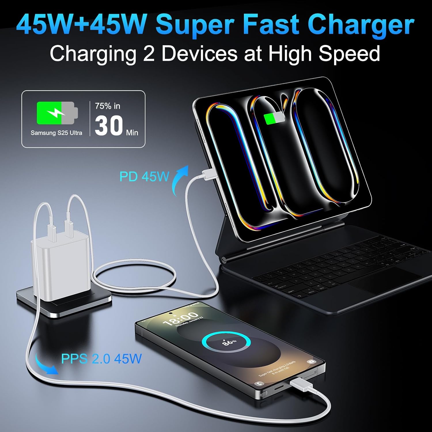 45W USB-C Super Fast Charger, 2-Port 45 Watt Type C Charger Fast Charging Block with 6.6FT USB C Cable Cord for Samsung Galaxy S26 Ultra/S26/S26 Plus/S26/S25 Ultra/S25/S24/S23 S22 S21 S20Ultra-White
