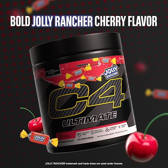 مسحوق Cellucor C4 Ultimate Pre Workout - مكمل طاقة خالٍ من السكر قبل التمرين للرجال والنساء - 300 مجم كافيين + شايكرين + دينامين + كرياتين - كرز جولي رانشر، 20 وجبة