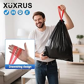 XUXRUS 2.6 Gallon Small Black Bathroom Trash Bags, 60 Count Folded Drawstring Small Garbage Bags, Tear-Resistant & Leak-Proof, Odor Control Liners for Bathroom, Office - Heavy Duty Trash Bags