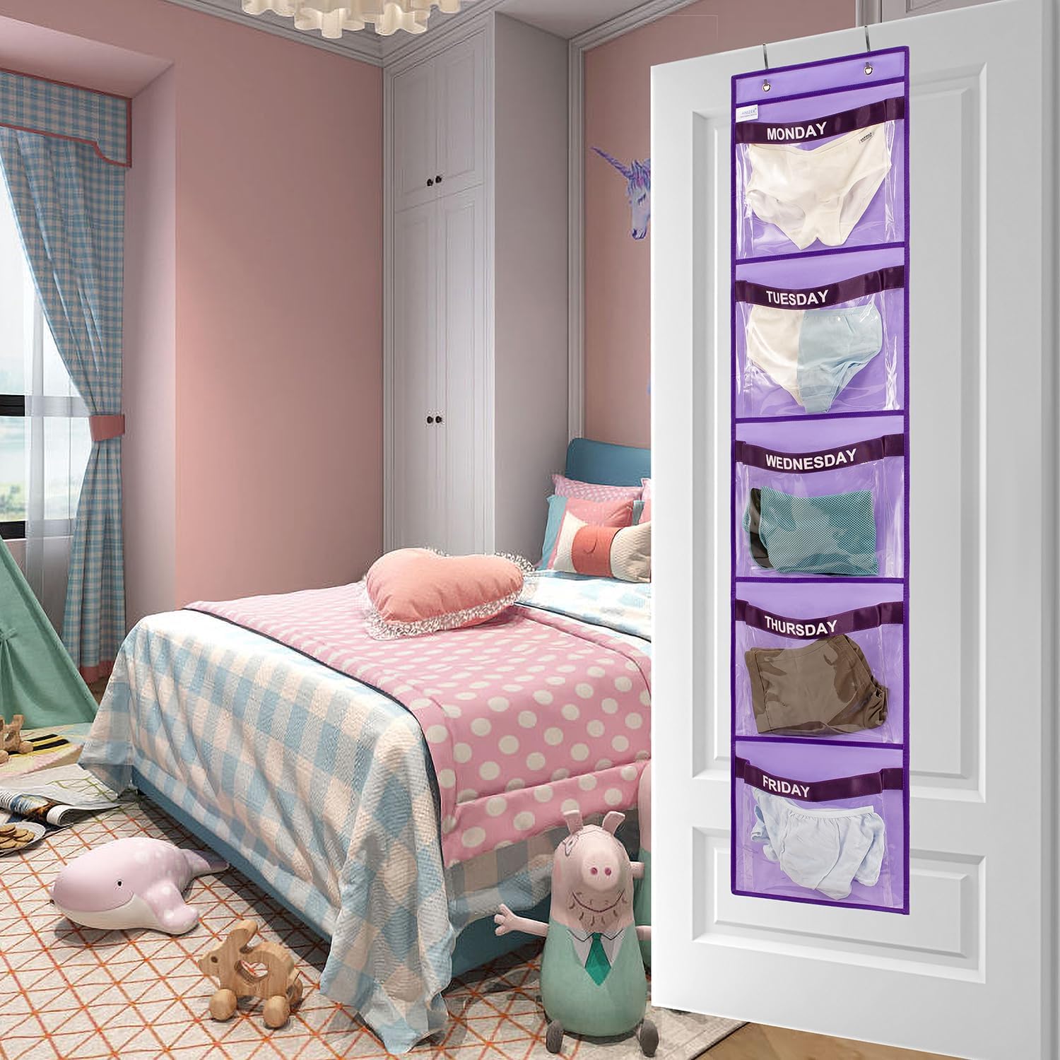 Day of Week Kids Clothes Organizer Weekly Hanging Closet Organizer Monday to Friday School Clothing Storage (PURPLE)