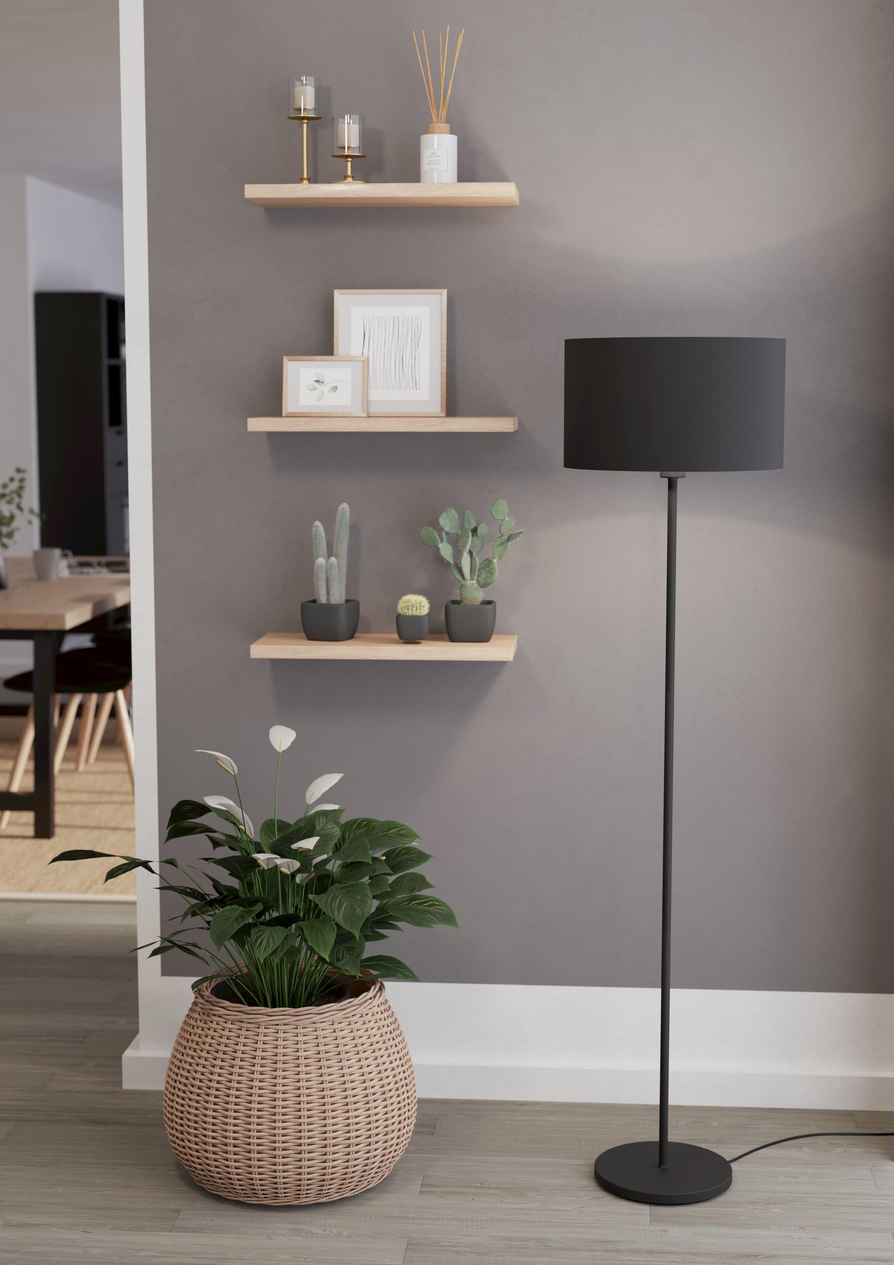 EGLO lámpara de pie Maserlo 1, lámpara de pie vintage de una luz, lámpara | de suelo de acero y textil, lámpara para salón en negro, lámpara con interruptor de pie, casquillo E27