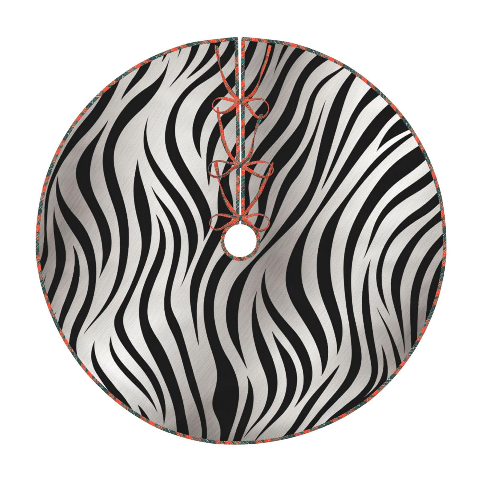 Zebra Print Printed Imitation Linen Christmas Tree Skirt with Lattice Bandage, Xmas Tree Cover Mat for Christmas New Year Party Home Decor, 36 inch