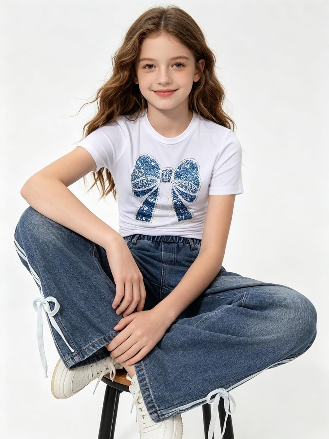 Size 7-14Y Girls Clothes 2 Piece Outfits Cute Bow T-Shirt&Top Striped Wide Leg Jeans Pants Summer Clothing Set