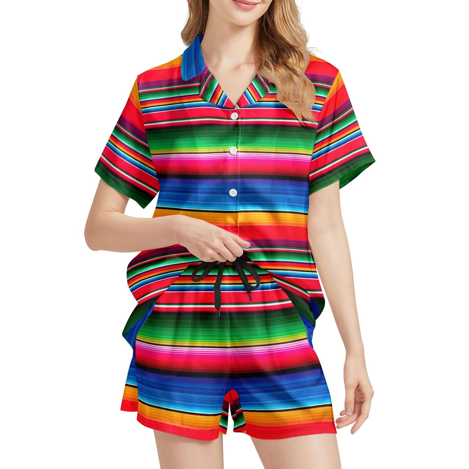 Funny Pajamas for Women Set Print Satin Loungewear Pjs Short Sleeve Button Down Top and Shorts Sets Sleepwear XS-3XL