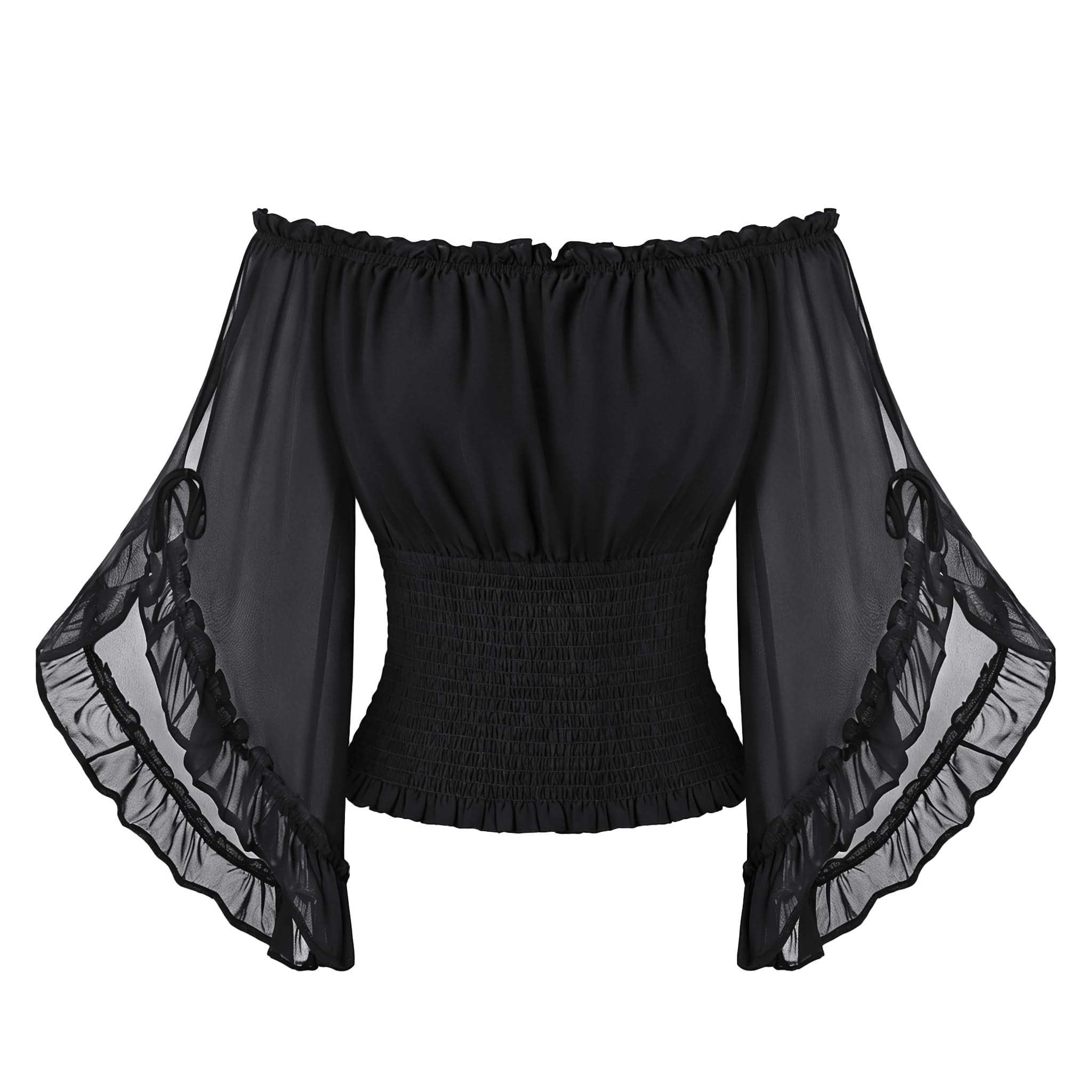 Scarlet Darkness Women's Renaissance Tops, Off-Shoulder Bell Sleeve Smocked Waist Shirts, Black, M