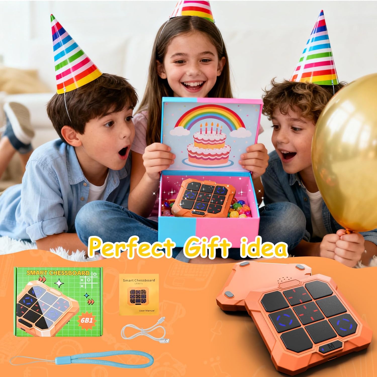 Tic Tac Toe Game, 6-in-1 Electronic Tic Tac Toe with Mute & Rechargeable - Handheld Travel Board Game for Kids Ages 4+, Adults, Family - Educational Learning Toy for Boys Girls, Orange