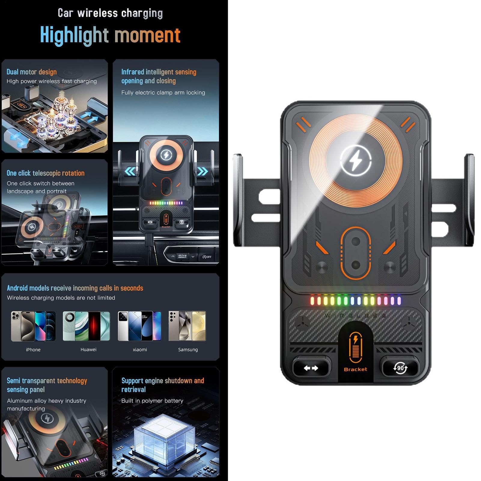 Caricabatteria per auto senza fili | Supporto per auto a ricarica rapida da 15 W - Supporto automatico a clip per auto, per controllo musicale streaming video uso quotidiano lunghe gite in famiglia