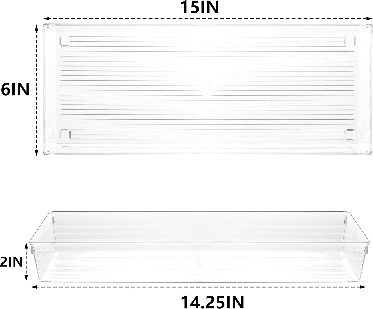 4 Pack Storage Bins For Bathroom Cosmetic Makeup Vanity Clear Plastic Desk Drawer Organizers Tray Kitchen Utensils Silverware Dividers 15"x6"x2"