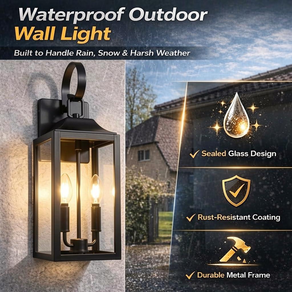 Lampada da Parete per Esterno Nera, Applique Moderna con Vetro Temperato Trasparente, IP65 Impermeabile Antiruggine, Alluminio Pressofuso, Attacco E26, per Ingresso