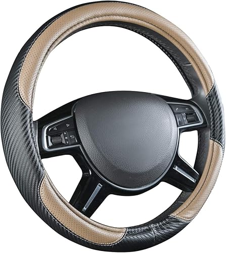 CAR-GRAND Fundas deportivas de cuero de fibra de carbono premium para volante y dos fundas de asiento delanteras de piel de carbono transpirable de