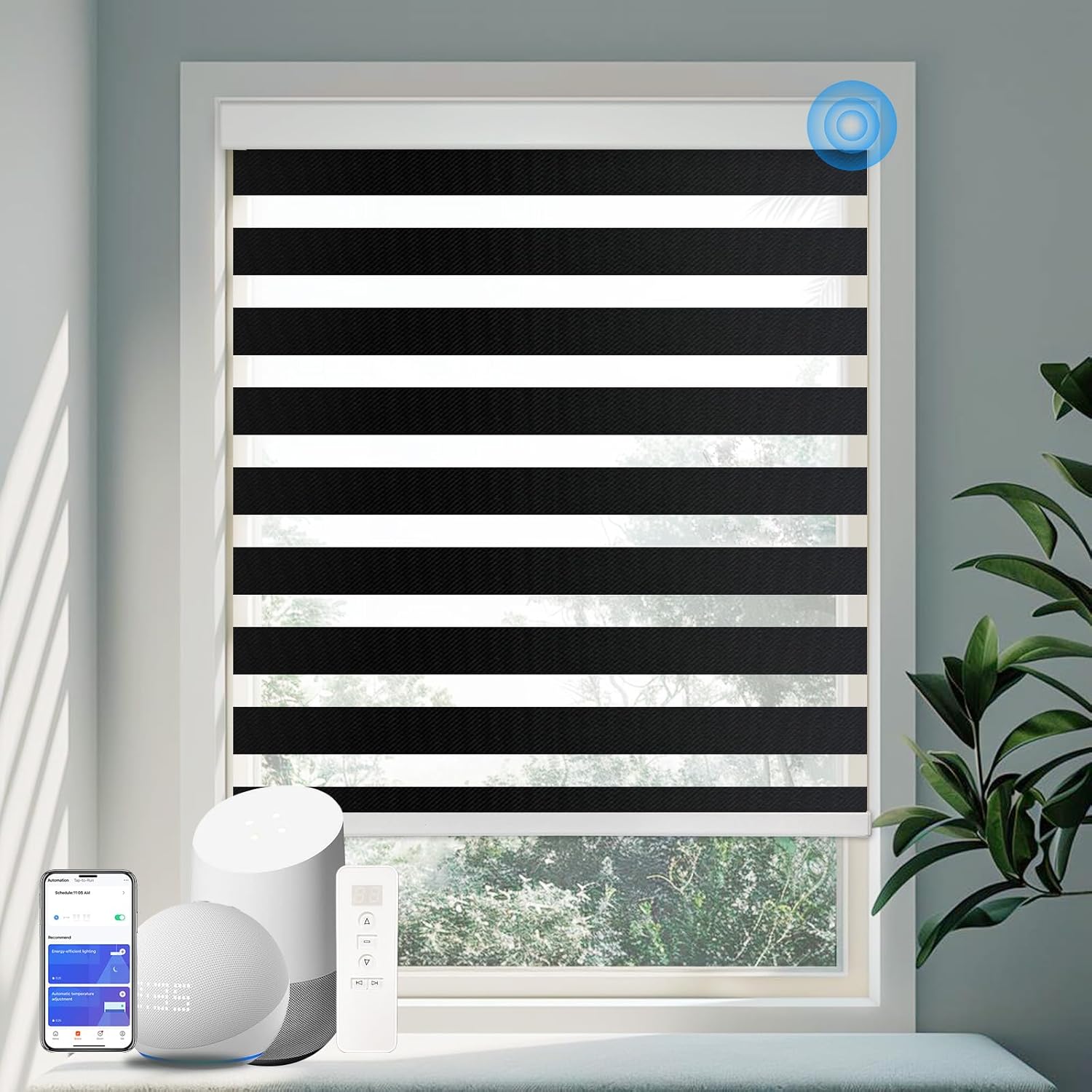 Motorized Zebra Blinds for Windows Cordless Electric Curtains with Remote Control Blackout Shades Custom Smart Blinds Compatible with Alexa Google Home(Light Filtering Black,Customize)