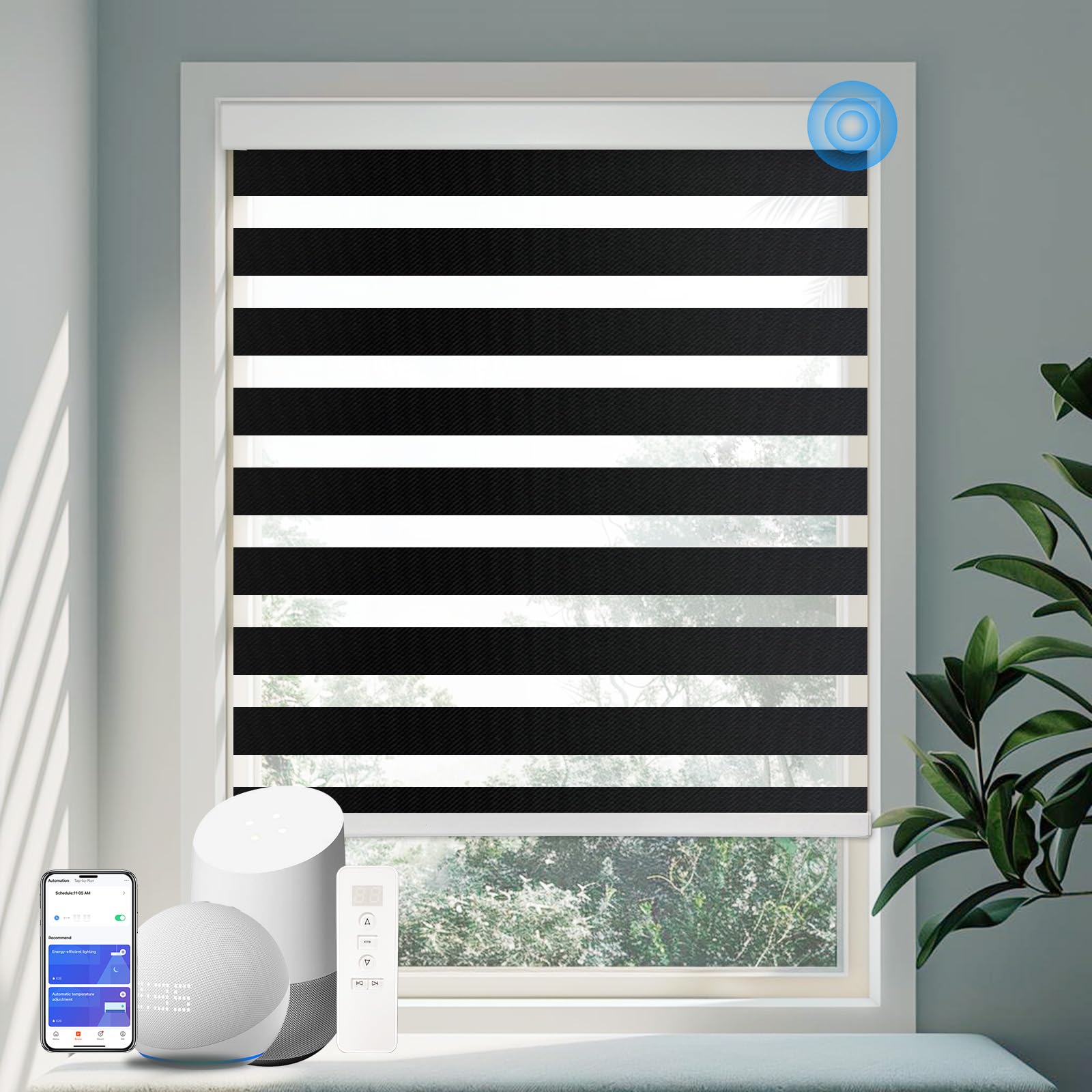 Motorized Zebra Blinds for Windows Cordless Electric Curtains with Remote Control Blackout Shades Custom Smart Blinds Compatible with Alexa Google Home(Light Filtering Black,W26 X 72in)