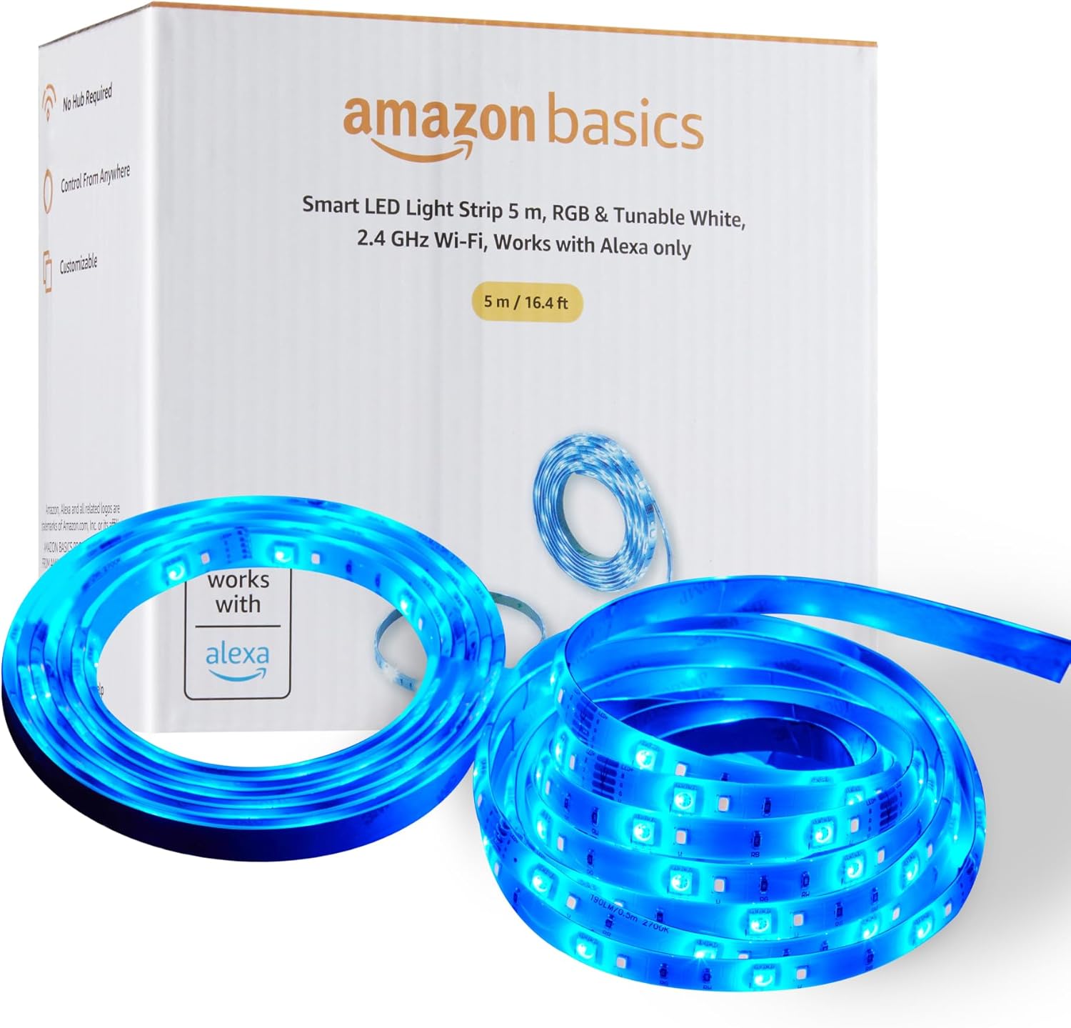 Amazon Basics Smart LED Light Strip 5m, RGB & Tunable White, 2.4 GHz Wi-Fi, Works with Alexa Only, Multicolor