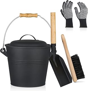 Ash Bucket with Lid, Fireplace Tools Set Mini Ash Bucket with Lid Gloves Hand Broom and Shovel for Grill Fire Pit 1.5 Gallon Metal Bin Wood Stove Accessories Cleaning Pellet Storage Container