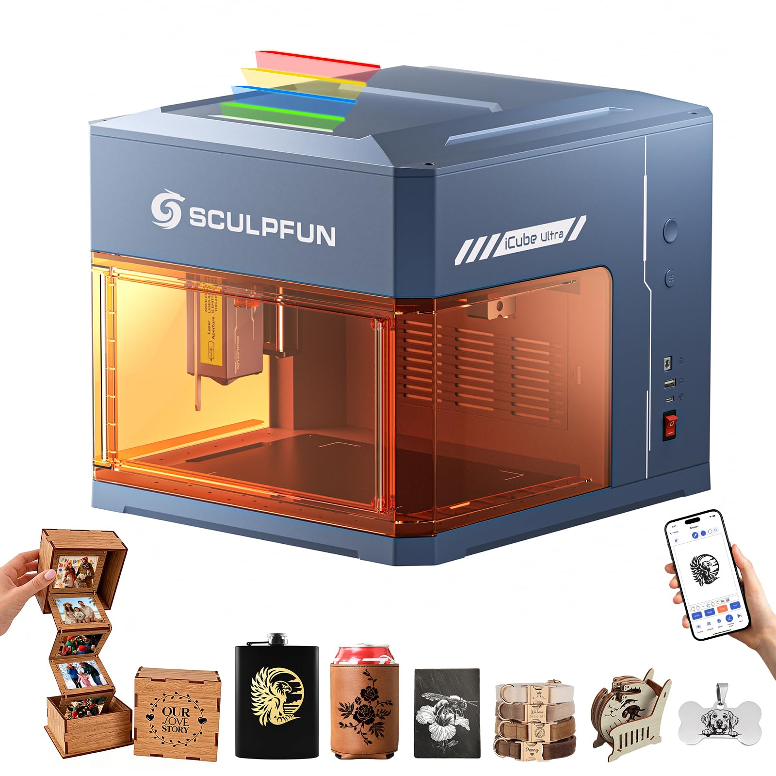 SCULPFUN iCube Ultra 12W macchina per incisione laser portatile e macchina per incisione laser con filtro del fumo, completamente chiusa, messa a fuoco automatica, per incisione fai da te, legno