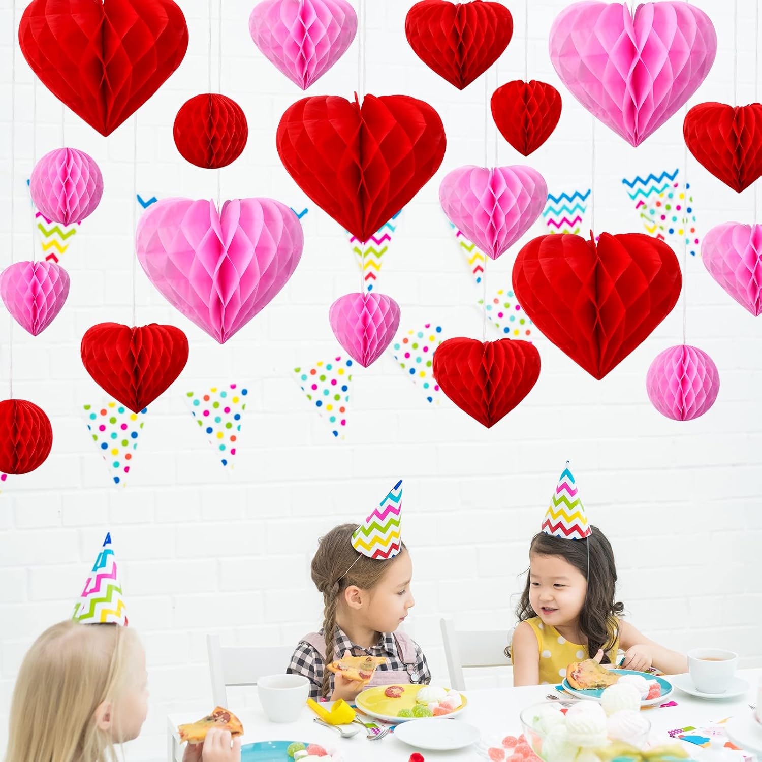 Yexiya 32 Pieces Honeycomb Balls Valentines Pom Poms Red Paper Honeycomb Ball Decorations Hearts Tissue Paper for Wedding, Valentine's Day, Engagement, Bridal Shower(Red, Light Pink)