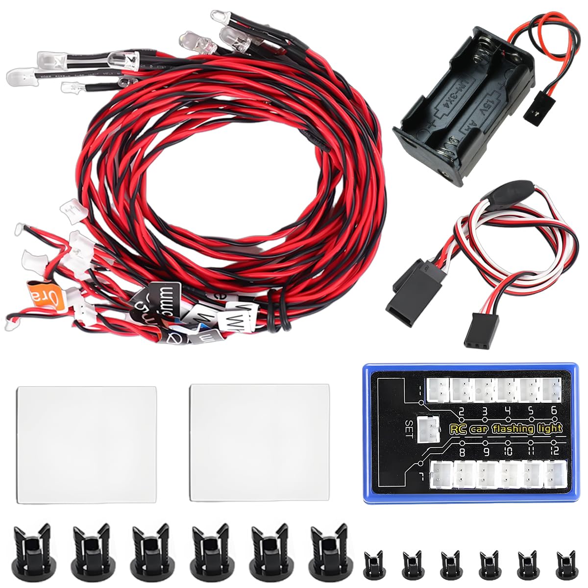 ZHUROUPU 4 Modes 12 LED RC Car Lights Kit, Assemble Smart Simulation Lighting System with Steering Brake Strobe Flashing Lights, RC Car Accessory for 1/10 RC Car Truck Crawler with Battery Holder Case