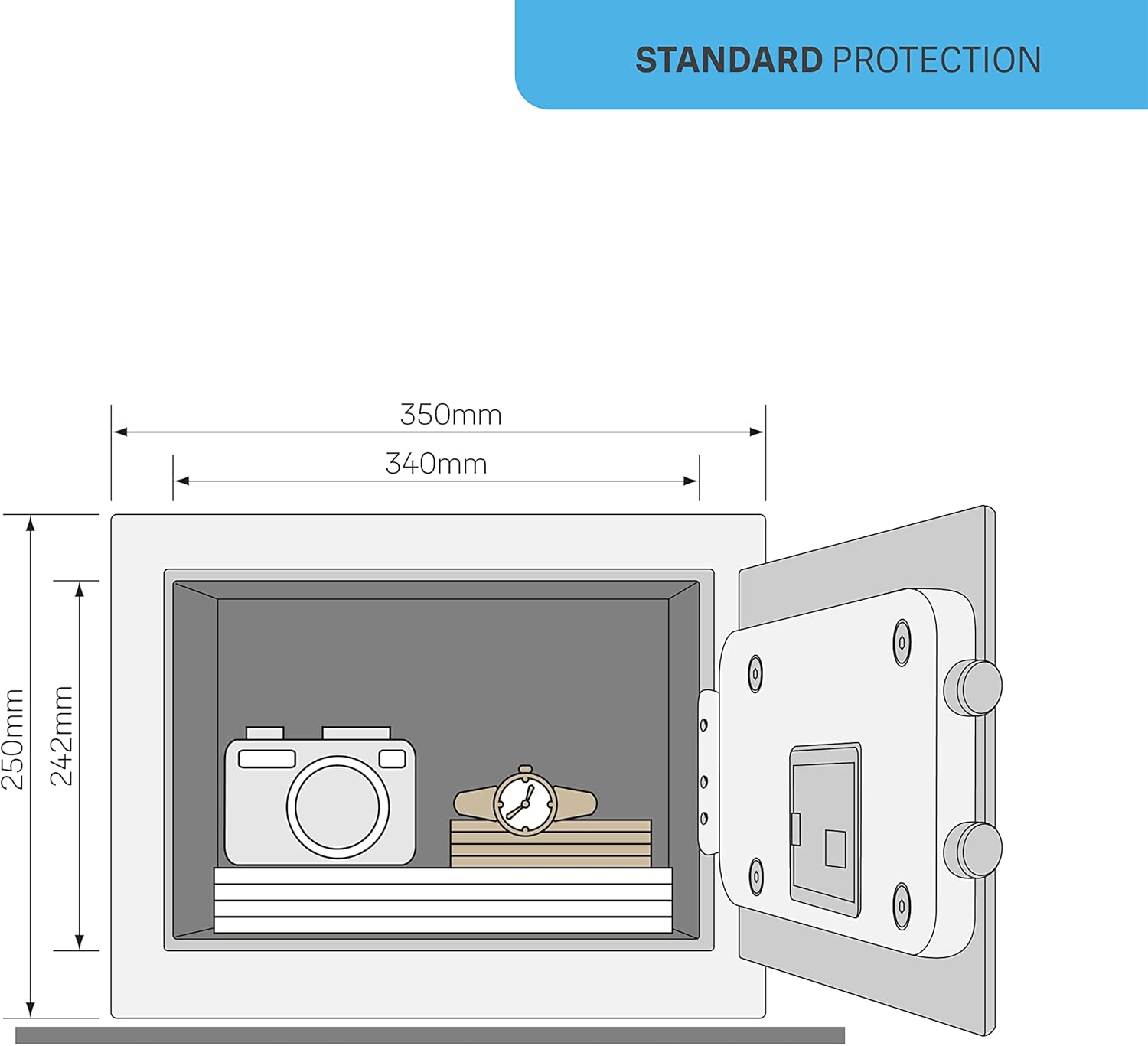 Diagram showing the external and internal dimensions of the Yale Value Safe.