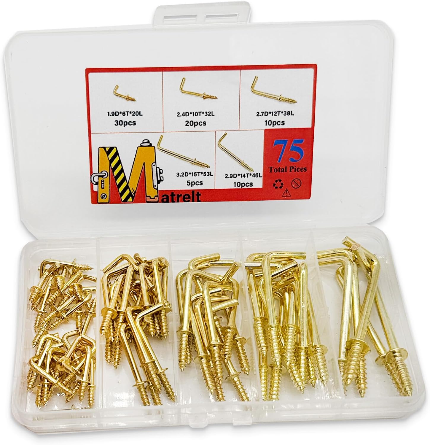 80 Pcs 5 Sizes Spiral in Square Bend Hooks L Hook Bracket Kit Zinc-Plated Carbon Steel 7-Shaped Hook with Self Tapping Screw Head- Hanging Kit for Lights/Planters/Mug,ETS.
