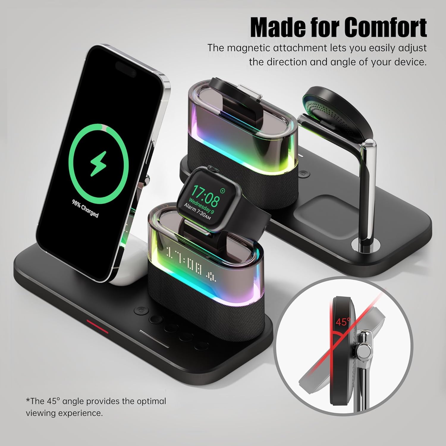 5 in 1 Wireless Charging Station with Alarm Clock for Apple, 15W Magnetic Wireless Charger Stand with Alarm Clock for iPhone 17/16/15/14/13/12, iWatch Ultra10/9/8/7/6, AirPods