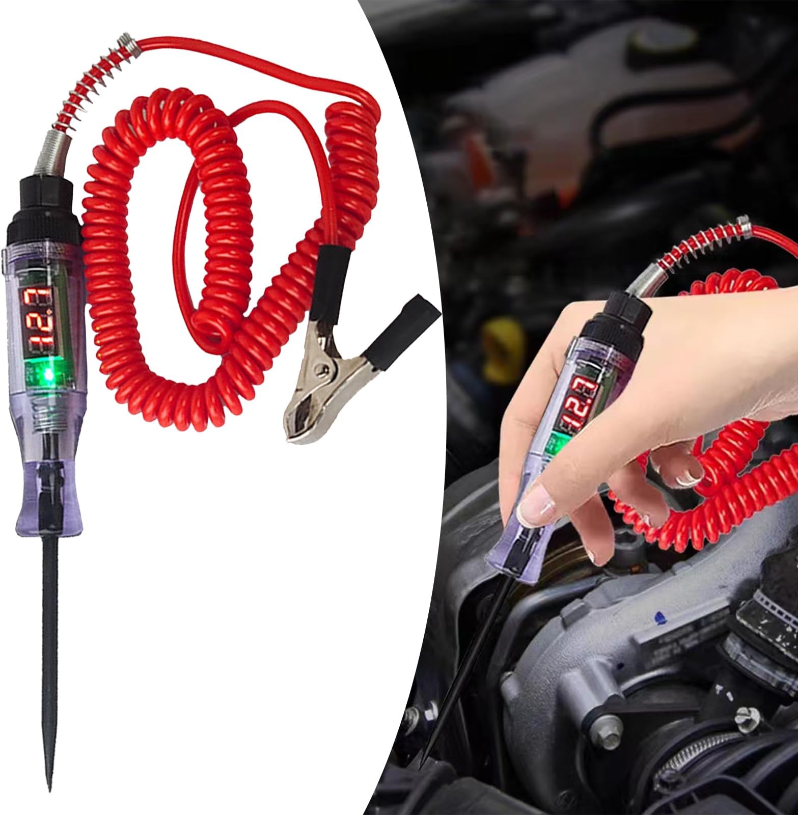 1 PC 6V/12V/24V Auto Bidirectional Voltage Tester, Car Test Light Digital LED Circuit Tester with Extended Spring Wire, DC Inductive Test Pen (Red #No Clip)