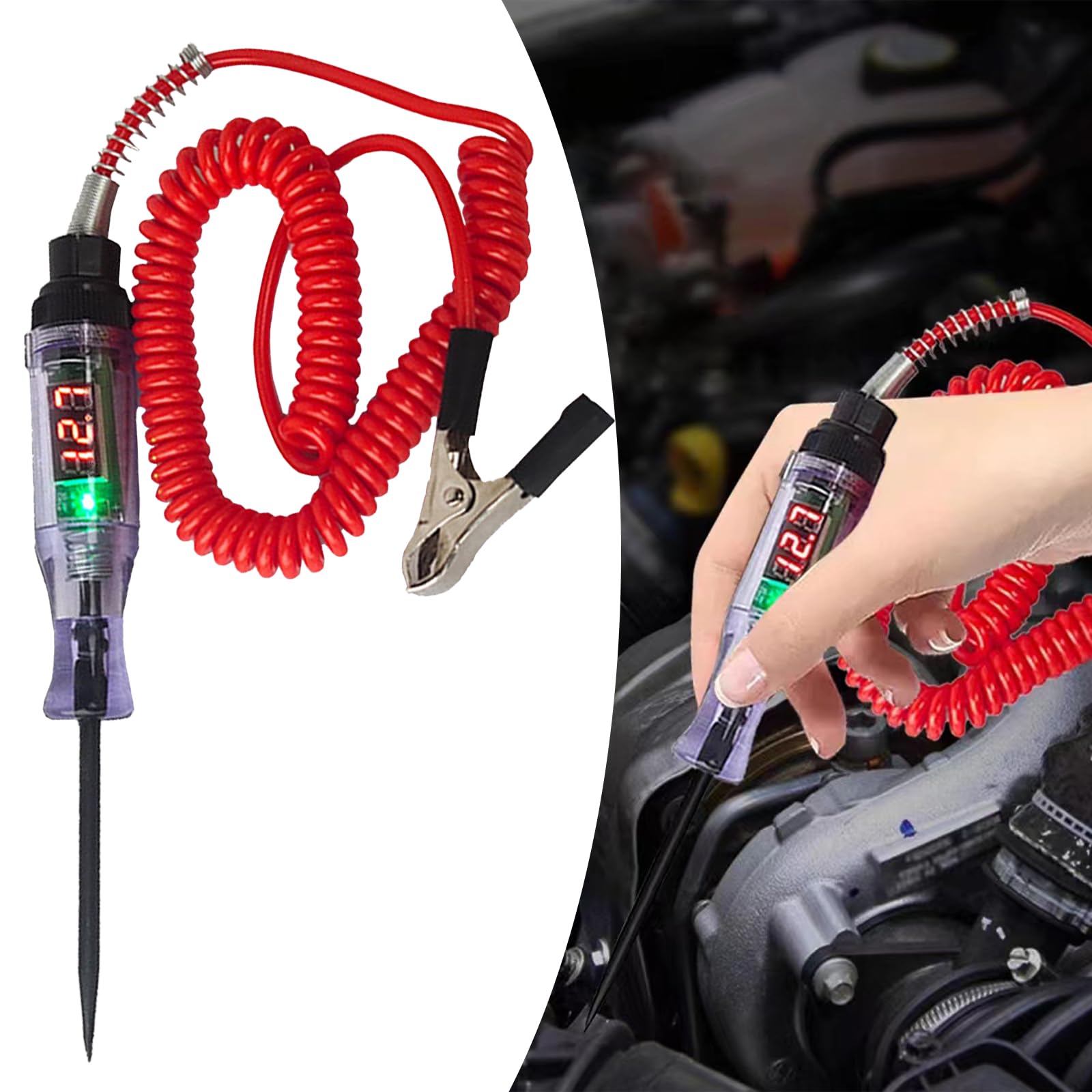1 PC 6V/12V/24V Auto Bidirectional Voltage Tester, Car Test Light Digital LED Circuit Tester with Extended Spring Wire, DC Inductive Test Pen (Red #No Clip)