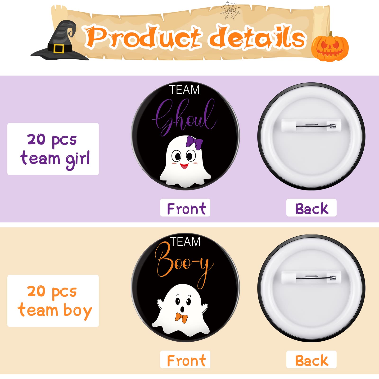 Hotop Halloween Gender Reveal Pins Team Boo-y and Team Ghoul Button Pin Girl or Boy He or She Gender Reveal Games for Guests
