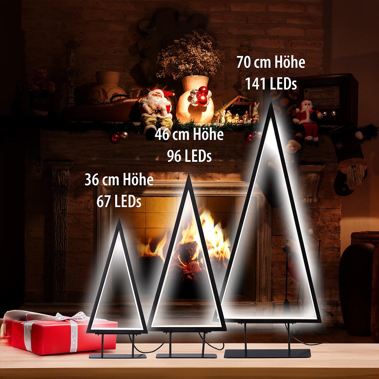 Carlo Milano Deko Baum: 3er-Set Design-Metall-Weihnachtsbäume, 36 cm, 46 cm & 70 cm Höhe, USB (LED Tanne, Weihnachtsbaum LED Metall, Weihnachtsbaumbeleuchtung)