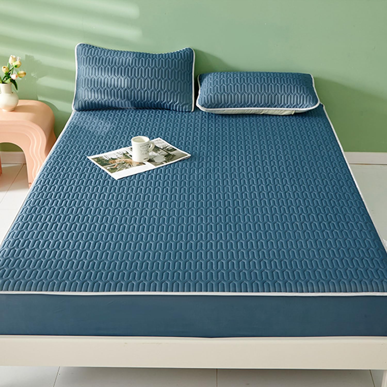 Cooling Mattress Protector King Size Quilted Latex Fitted Sheet Cool Silk Mattress Cover Cool Mat Machine Washable for Dormitory Bedroom Deep Pocket of 12In﻿,Blue,90 * 200cm