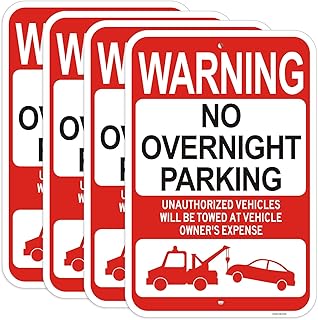 Large 4 Pack No Overnight Parking Signs, 18"x12" Unauthorized Vehicles Will be Towed Sign, Engineer Grade Rust Free Reflective Aluminum, Fade/Weather Resistant, UV Protected, Easy to Install
