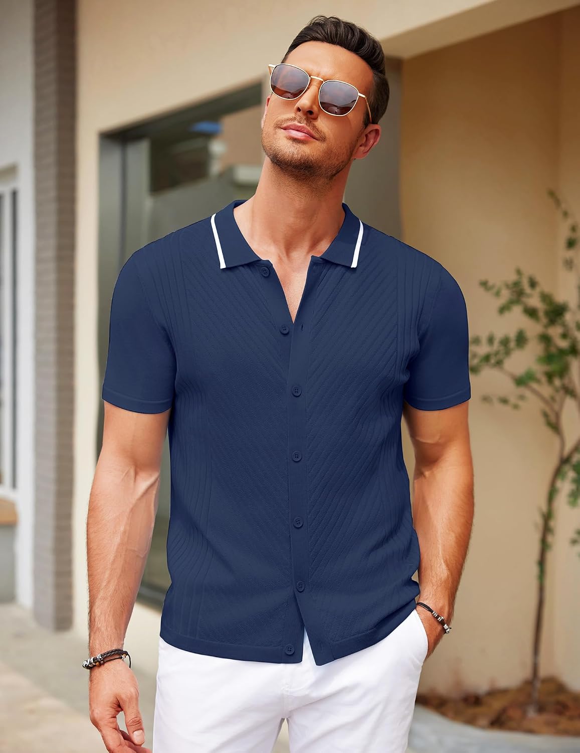 COOFANDY Men's Knit Short Sleeve Button Down Shirt Vintage Polo Shirt Casual Summer Beach Shirts