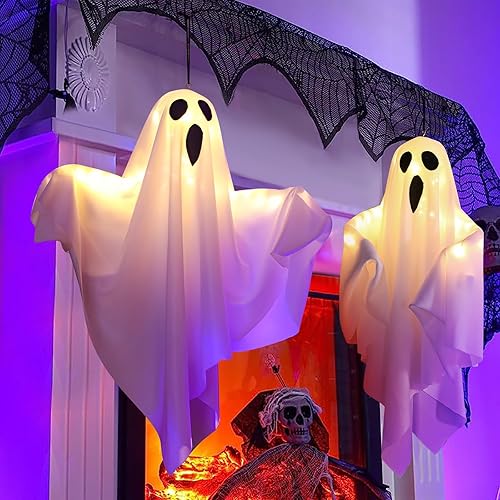 Miniatura 5 de Decoración de Halloween, WindSock, 5 piezas de sombrero de bruja colgante con fantasma brillante iluminado con control remoto, adornos espeluznantes