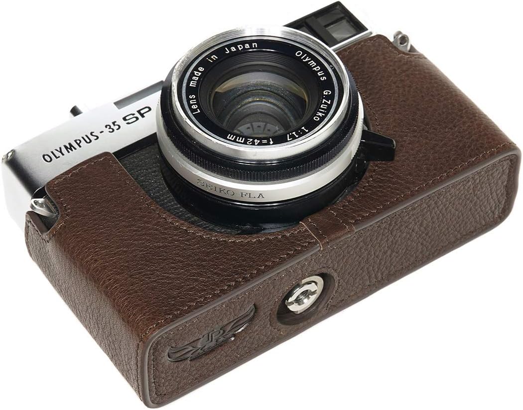 35 SP Case, BolinUS Handmade Genuine Real Leather Half Camera Case Bag Cover for Olympus 35 SP Camera with Hand Strap (Coffee)