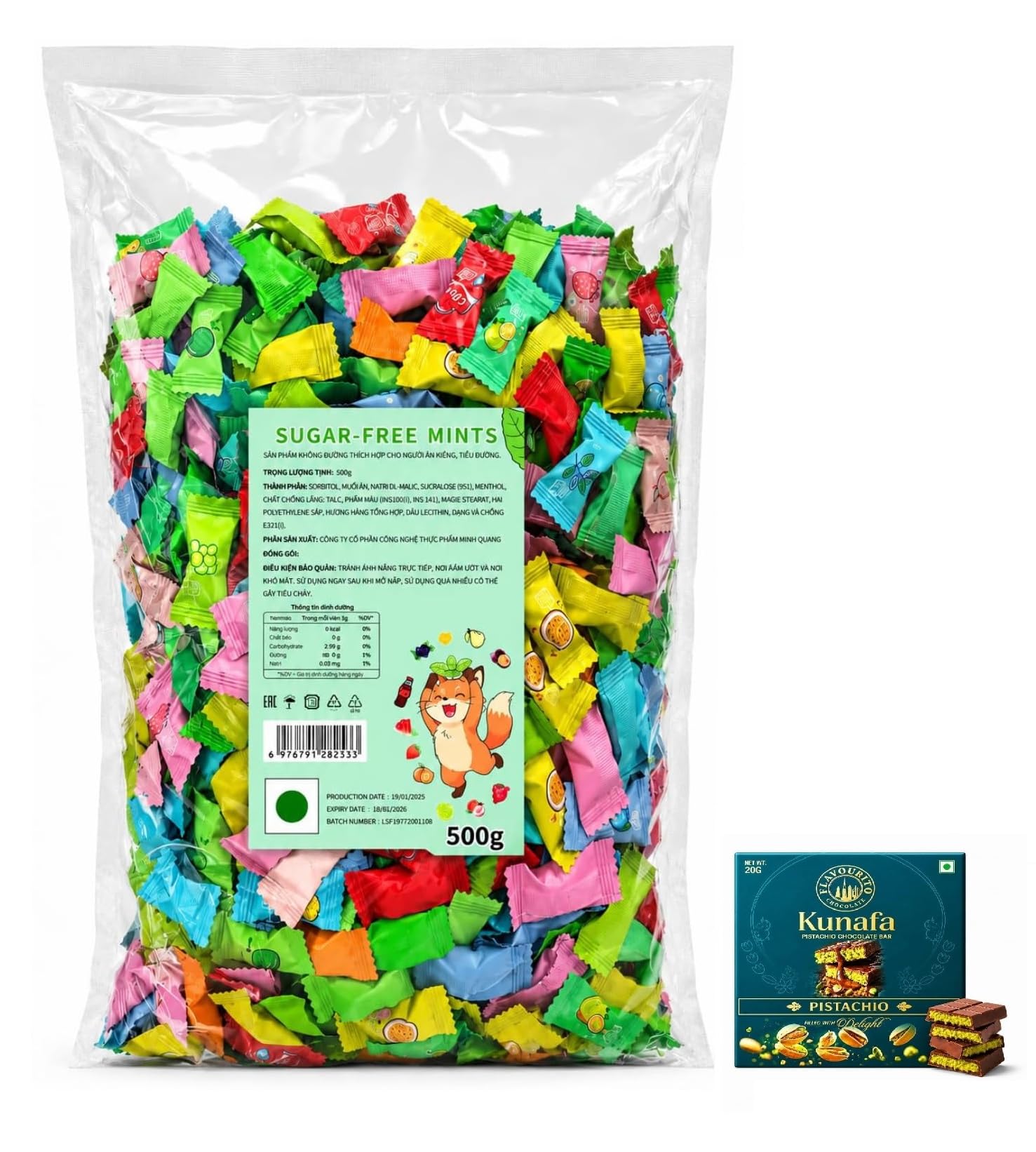 Sariwang Hanging Sugar Free Mint Candy Assorted Fruit Flavour | Individually Wrapped Cooling Mints | Fresh Breath Candy | Imported Mint Candy Pack 500g With Free Flavourito Kunafa Pistachio Chocolate Bar, 20g By Decadent Foods (Imported-Vietnamese)-picture-11