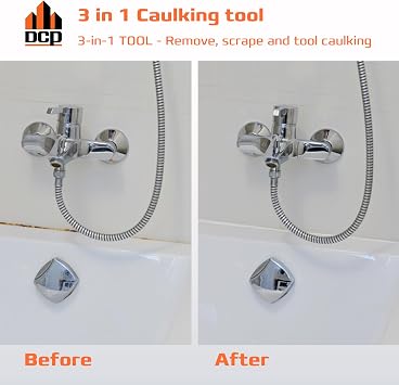 DCP Donseal 3 in 1 Caulking Tool Kit Silicone Caulking Tool for Removal, Scraping & Finishing Precise Caulk Remover & Applicator with 5 Tooling Pads Stainless Steel Caulk Scraper for Smooth Seal
