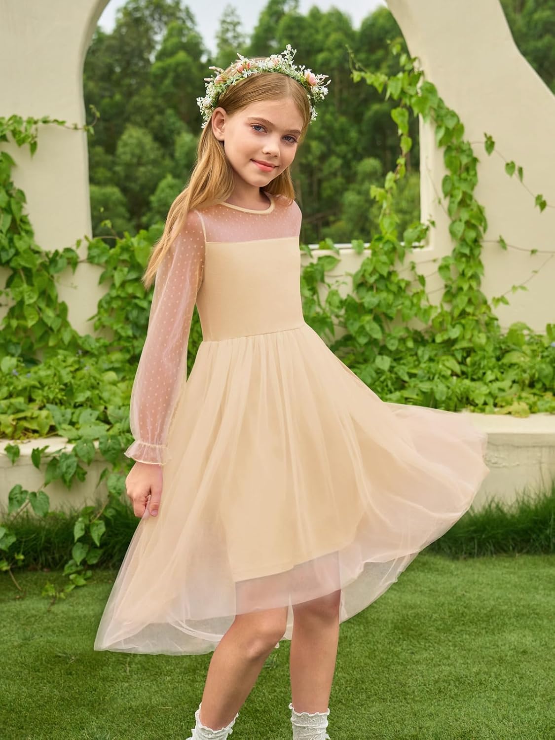 Haloumoning Girls Dresses Contrast Mesh Long Sleeve Formal Dress 5-14 Years image 2